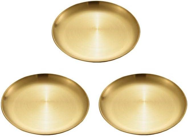 3 Pack Gold Dish Plates Brushed Stainless Steel Dinner Plates Round Food Serving Plates Tray 9 inches for Party Banquet