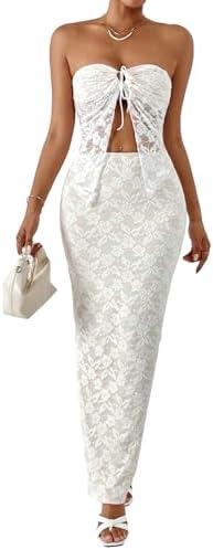 GORGLITTER Women's Two Piece Skirt Sets Outfits Lace Strapless Bandeau Tube Top and Summer Bodycon Long Maxi Skirt Set, Small