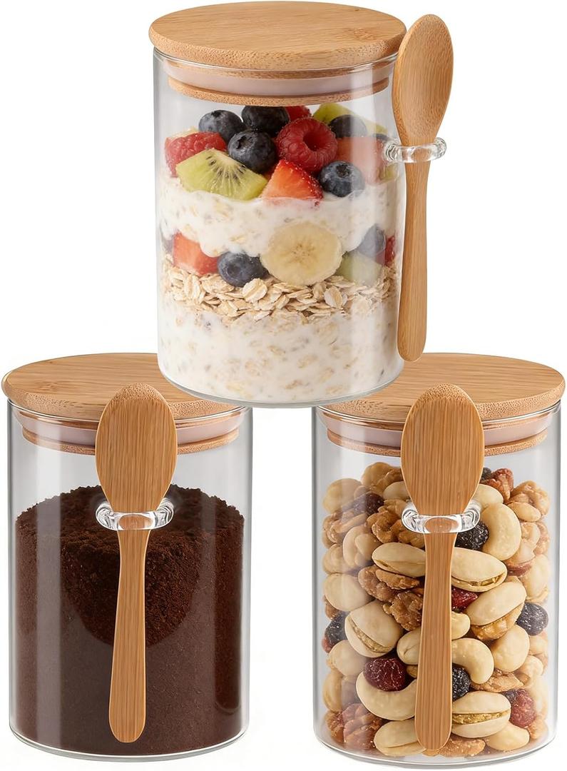 Set of 3 Airtight Glass Jars with Bamboo Lids and Spoons - 20oz Decorative and Durable Borosilicate Glass Canisters Perfect for Storing Coffee Beans,Tea,Flour,Sugar,Nuts,Candy,Bath Salts and More
