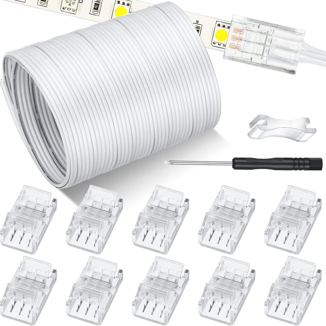 10 Pcs LED Strip Connectors 32.8ft RGB Extension Cable Wire Cord Kit Transparent Solderless Track Lighting Connector for Waterproof or Non Waterproof LED RGB Strip Light