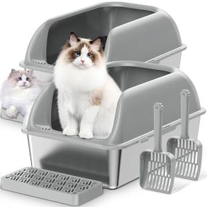 Stainless Steel Cat Litter Box 2-Pack, XL Extra Large Metal Litter Box with Lid for Big Cats, High Sided Design with Scoop & Pedal, Non-Stick, Anti-Leak, Easy to Clean-Light Grey  Stainless Steel Cat Litter Box 2-Pack, XL Extra Large Metal Litter Box with Lid for Big Cats, High Sided Design with Scoop & Pedal, Non-Stick, Anti-Leak, Easy to Clean-Light Grey