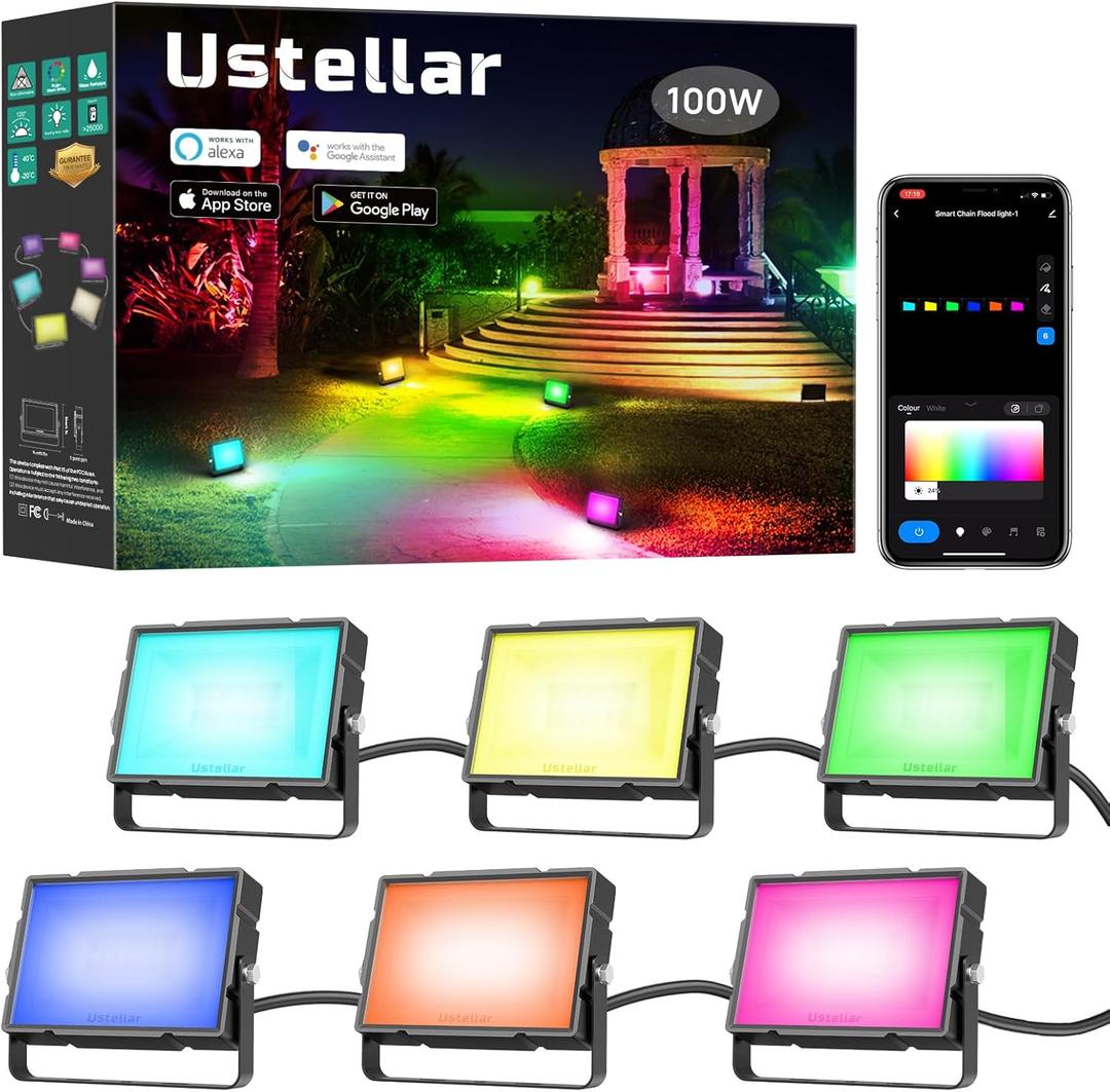 Ustellar RGBW Flood Light Outdoor, Smart WiFi Outdoor Color Changing Landscape lights + Warm White, IP66 100W Total App Control, Spotlight Works with Alexa, Uplighting Halloween for Garden Yards Stage
