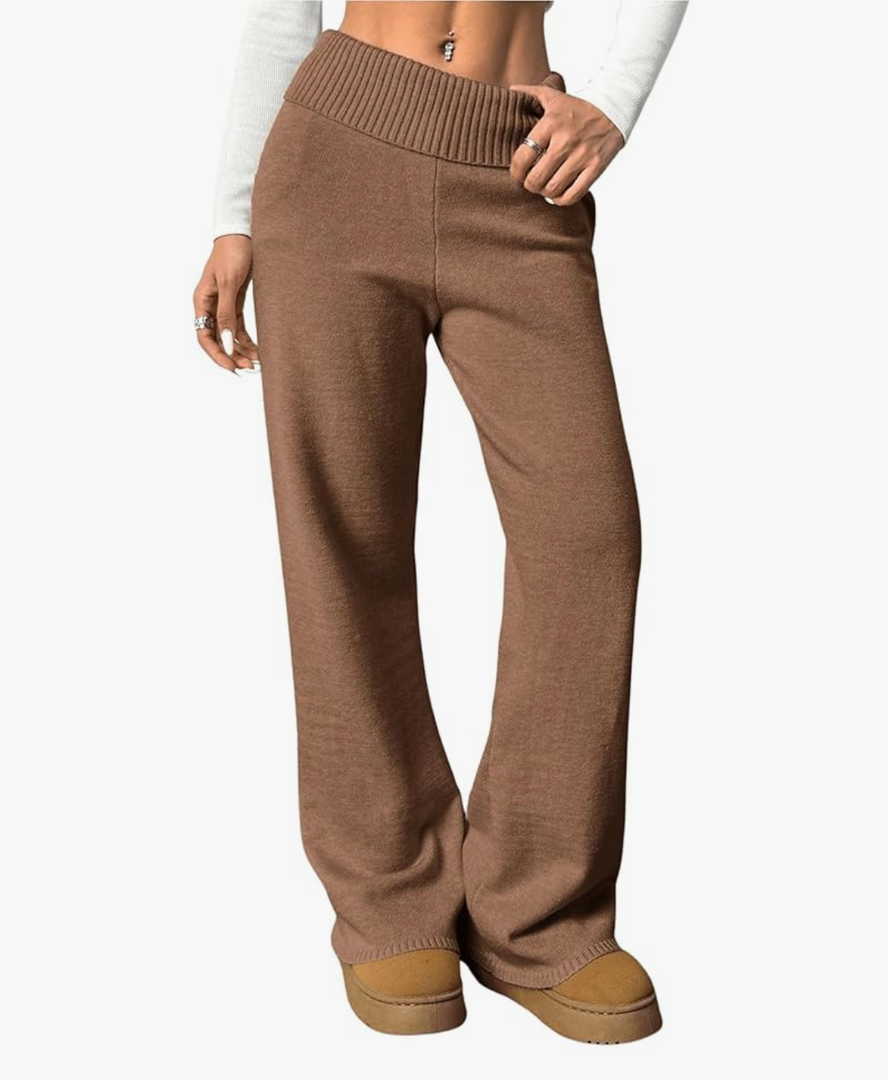 Verdusa Women's Fold Over Elastic Low Waist Lounge Pants Straight Leg Casual Sweater Pants S