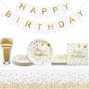 Serves 35 Guests Happy Birthday Paper Plates Party Supplies,7 Inch White and Gold Happy Birthday Disposable Paper Plates Napkins Forks Tablecloths Banner for Party Decorations