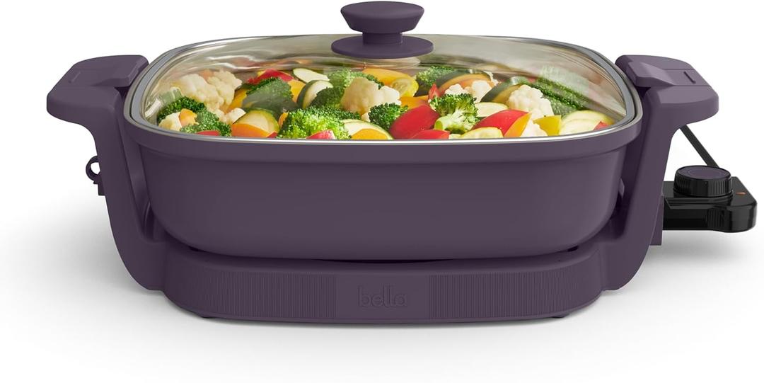 bella Make & Take Electric Skillet, Fits-anywhere kitchenware, EverGood Ceramic Coating, Adjustable Temperature & Dishwasher-Safe Tempered Glass Lid, Cast Aluminum Base, 1200 Watt, Plum