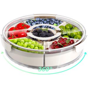 Divided Serving Tray with Lid and Handle,Large Snack Spinner,Snackle Box Container, Multi-Purpose Food Platter for Charcuterie Veggie Fruit, Taco Tuesday Movie Night Travel Beach Picnic Essentials (12" W-1pcs-6 Compartments, White)
