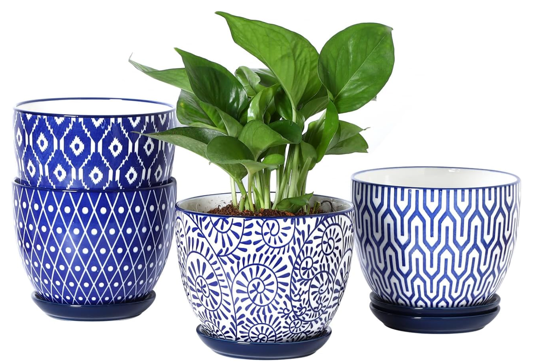 Selamica Ceramic Plant Pots, 5.6 Inch Flower Pots for Indoor Plants with Drainage Hole and Saucer,Home Decor, Set of 4, Vintage Blue