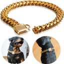 Gold Cuban Chain Dog Collar Solid Stainless Steel Link Chain Thick Pet Collar Cool Zirconia Lock Small Medium Large Dogs Collar (12Inch for 9.6-11.5" Dog Neck)