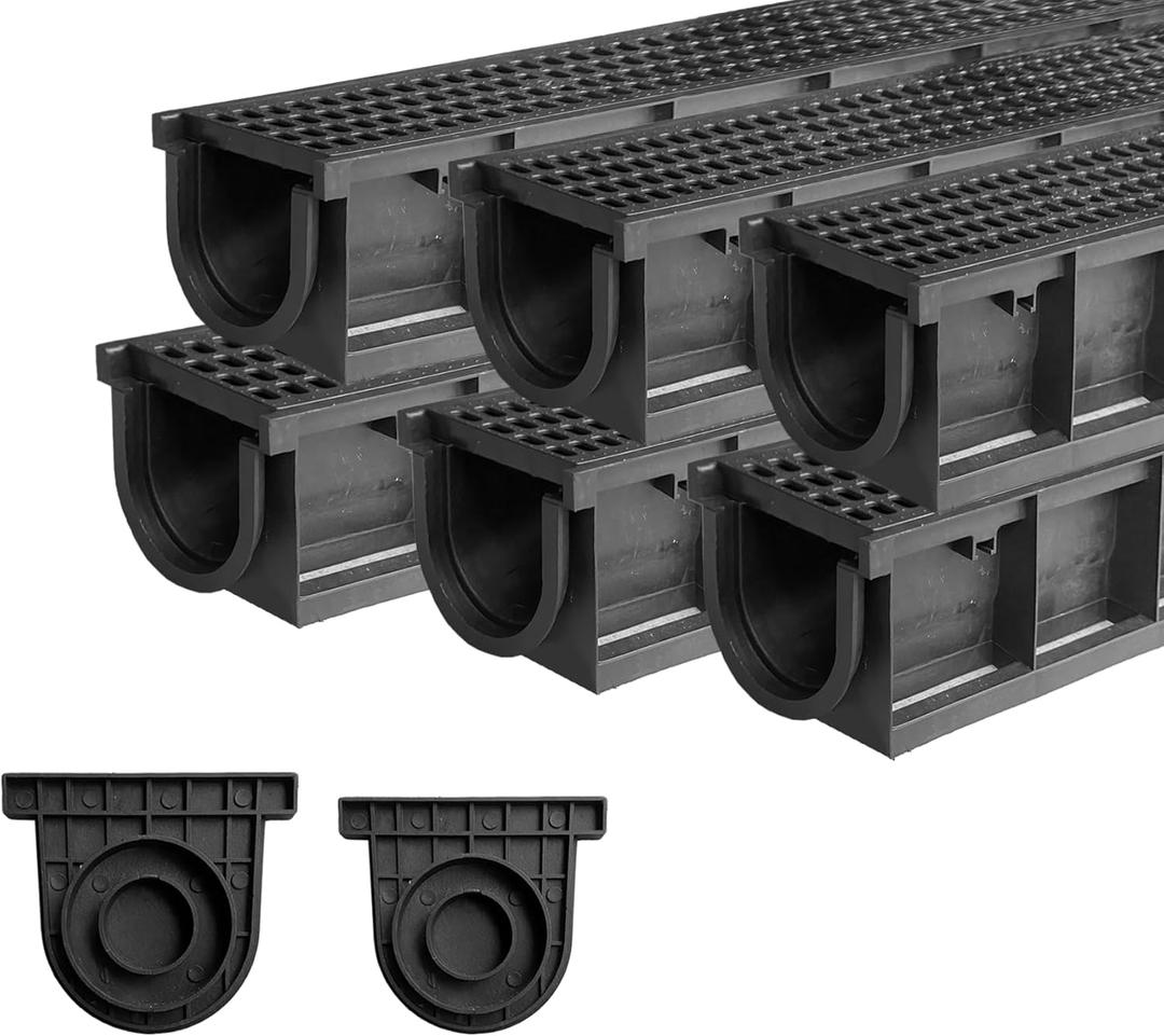 Deep Profile HDPE Trench Drain-39.4Lx6.1Wx5.5H in. Channel Drain with Grates,6 Pack Total Length 236.22 in, Plastic Trench Drain System for Outdoor,Downspout,Yard Fence,Pool,Sidewalk,Patio (6 Pack 39.4Lx6.1Wx5.5H in, Black Trench Drain With Hdpe Grate)