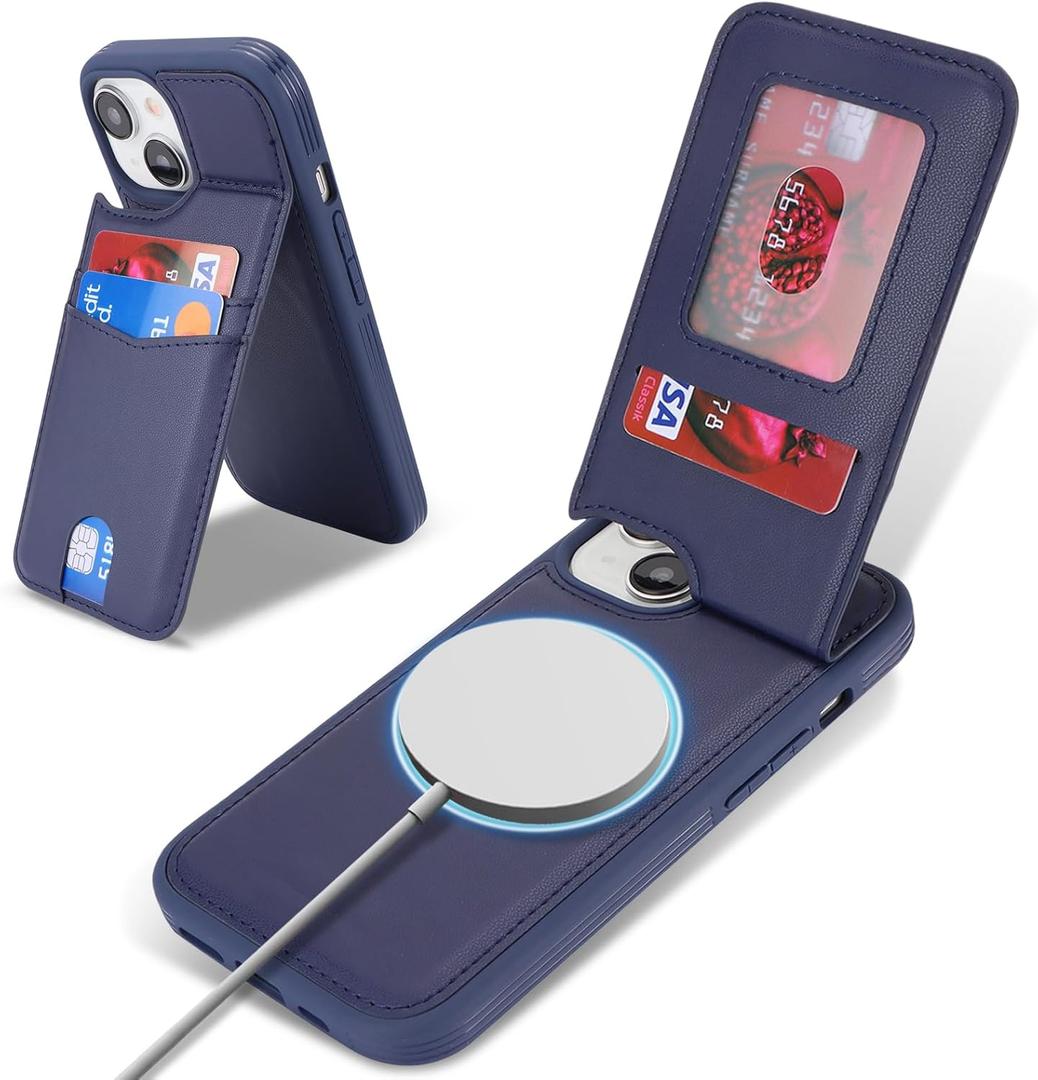 case for iPhone 15 Plus magsafe Wallet Compatible with Card Holder Back Credit Slots PU Leather Stand Shockproof Phone Cover for Women and Men-Blue