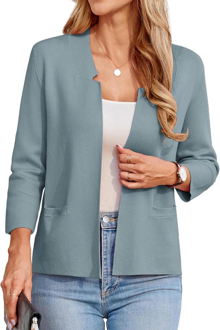 GRACE KARIN Women Sweater Blazer 3/4 Sleeve Cropped Cardigan Lightweight Notch Collar Knit Blazer Jacket Business Casual (Medium, Gray Blue)