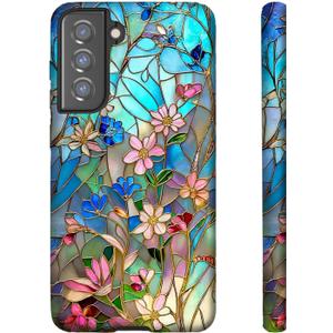 for Samsung Galaxy S23 - Dual-Layer Hard Shell + Silicone Cover - Shockproof Protective Phone Case for Women Girls- Stained Glass Bloom Flower