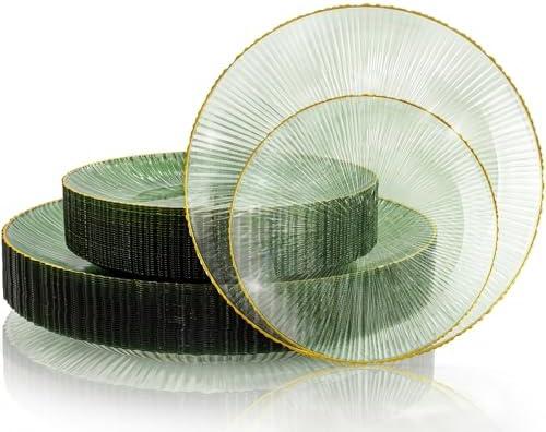 DaYammi 60Pcs Sage Green Plastic Plates with Gold Rim,Disposable Plates Set Includes 30 Dinner Plate & 30 Salad Plate,Fancy Green Party Plates with Radial Texture for Party Wedding Dinner
