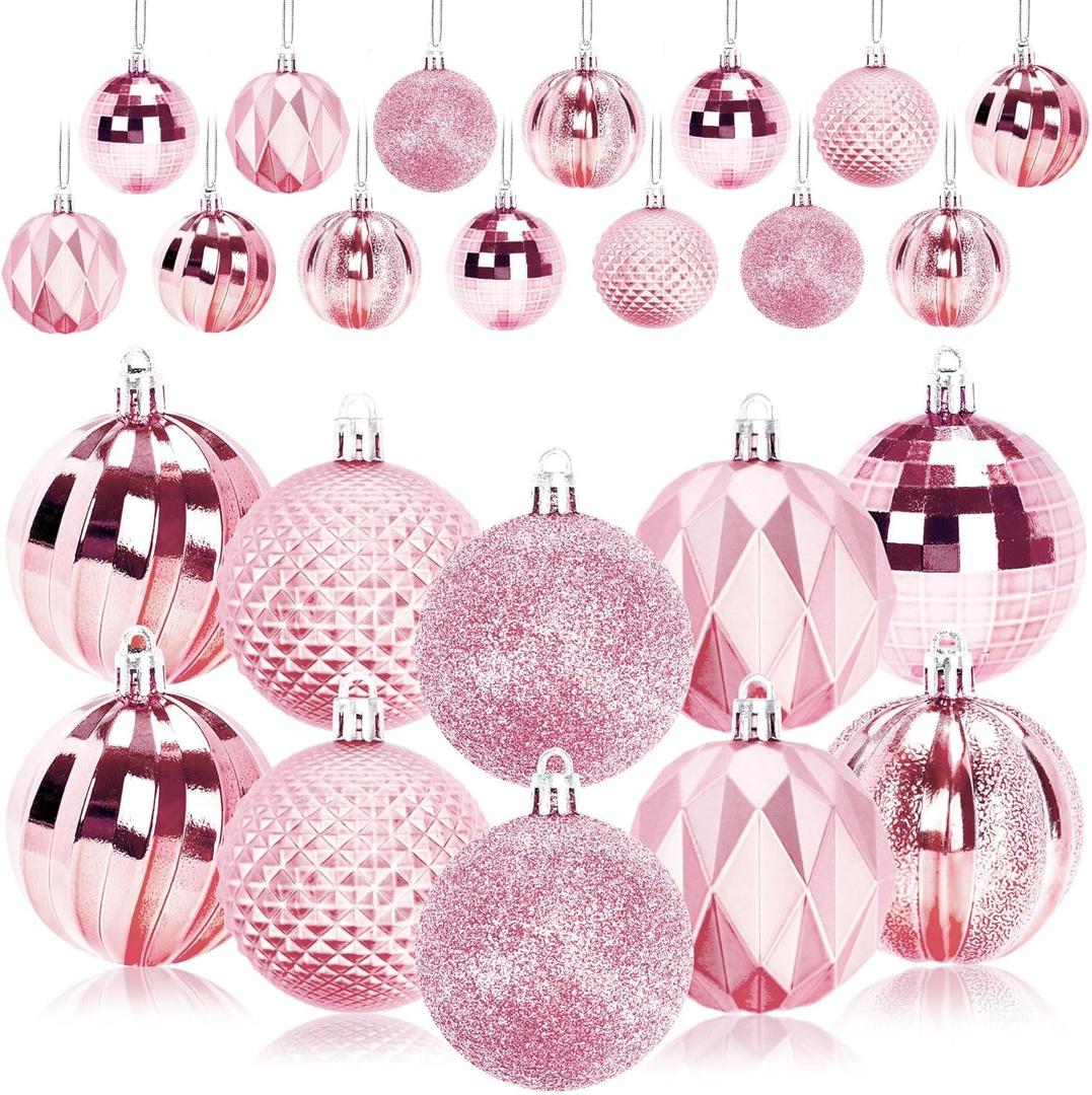 JULMELON 24PCS Large Christmas Balls Ornaments,60mm/2.4 in Shatterproof Plastic Decorative Xmas Tree Ornaments, Assorted Christmas Ball Ornaments for Wedding Mothers Day Party Decorations (Pink)