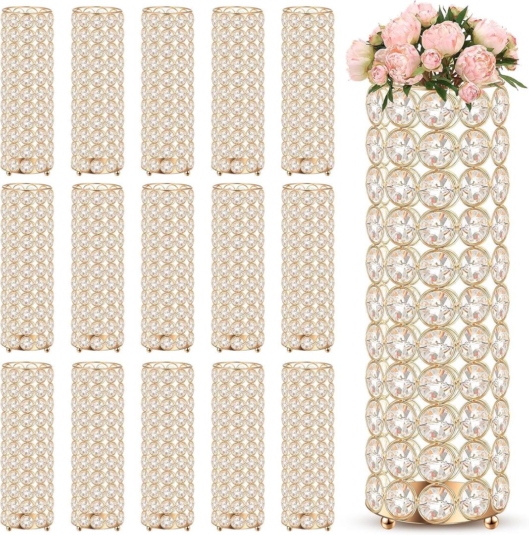 Dandat 16 Pcs Crystal Flower Vase Table Centerpieces 10.24 Inch Tea Light Candle Holders Wedding Crystal Cylinder Flower Vases for Table Room Home Wedding Party Events Decor (Gold)