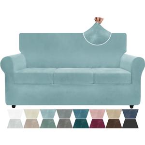 ZNSAYOTX Luxury Velvet Couch Cover 4 Piece (72"-92") Stretch Sofa Covers for 3 Cushion Couch Thick Soft Sofa Slipcover with Non Slip Strap, Dog Pet Friendly Nice Furniture Protector (Stone Blue)