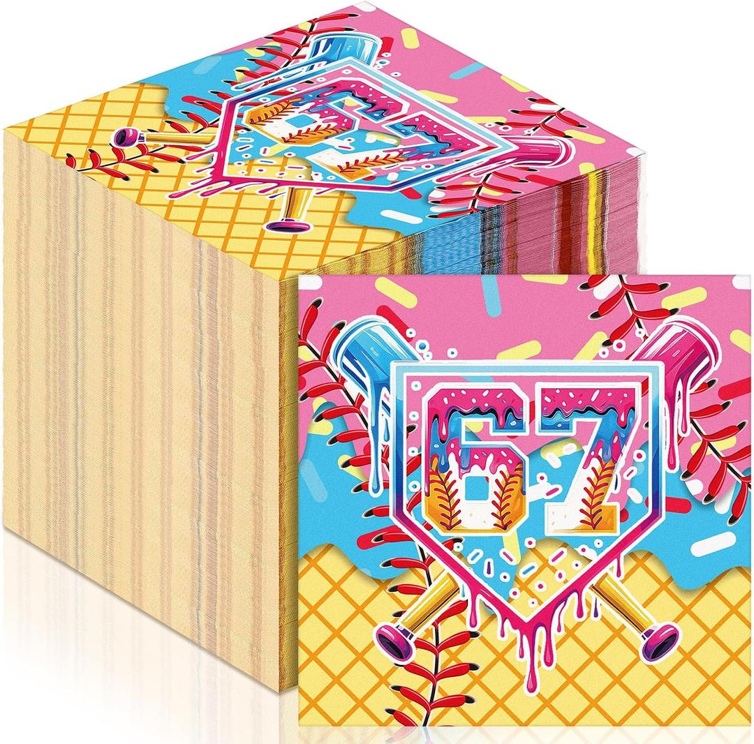 100 Pcs Ice Cream Drip Baseball Napkins, 6.5 x 6.5 Inch 67 Disposable Paper Cocktail Napkins, Baseball Drip Birthday Party Decoration for Summer Sports Theme Baby Shower Table Decorations