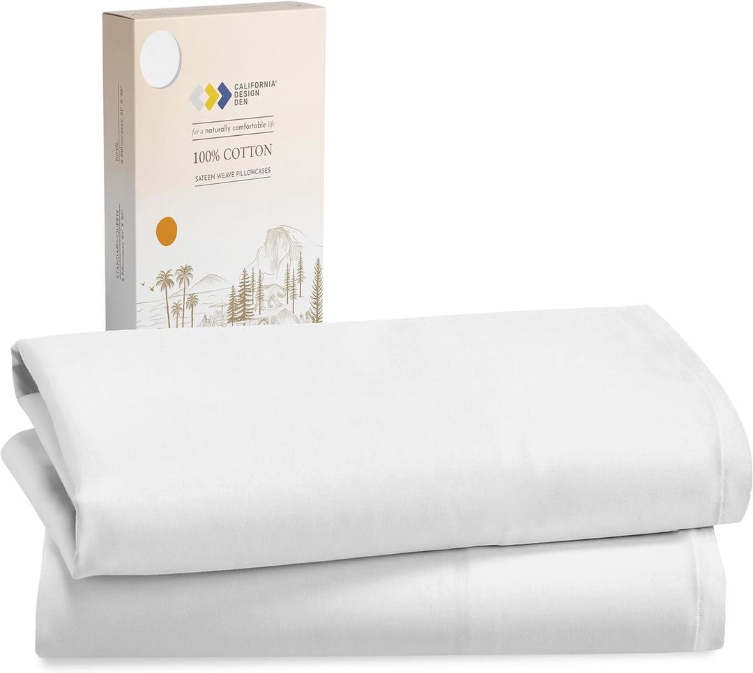 California Design Den Standard Queen Size Pillowcases - 100% Cotton, Set of 2 Soft & Cooling Sateen Weave Cases, Fits Queen and Standard Size Pillows - Bright White