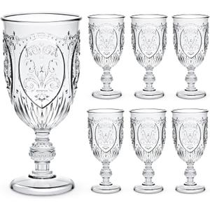 6 Pcs Plastic Goblets 7.5oz Vintage Goblet Plastic Wine Glasses Colored Retro Embossed Water Goblets for Wine Bar Juice Baby Shower Wedding Reception Grand Event Party (Clear)