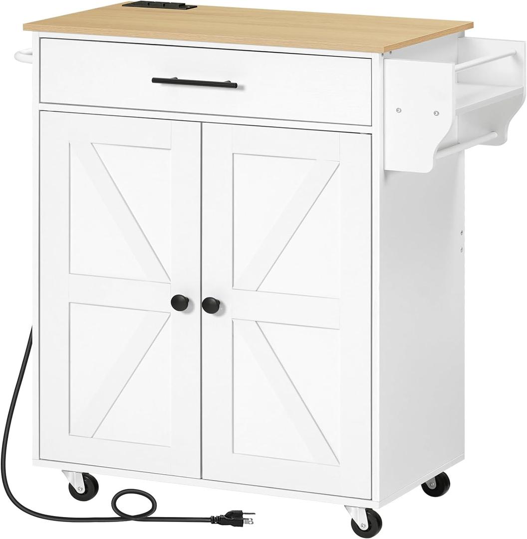 HOOBRO Kitchen Island with Power Outlet, Rolling Kitchen Island with Large Worktop, Kitchen Island Cart with Spice Rack and Drawer, Island Table for Dining Room, White and Natural WN88UZD01