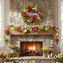 Valery Madelyn Spring Summer Wreaths for Front Door，Collapsible 24 Inch Door Wreath with Daisy Flower,Butterfly and “Welcome” Wood Sign Floral Wreath for Wedding, Wall, Home Decorations
