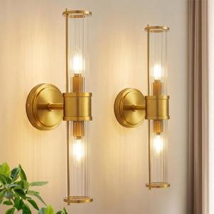 Brushed Gold Wall Sconces Set of 2, Modern Bathroom Vanity Light Fixture with Clear Glass Shades, Hardwired Brass Wall Mounted Lamp for Over Mirror, Hallway, Bedroom (E12 Bulbs Not Included), 2Pcs