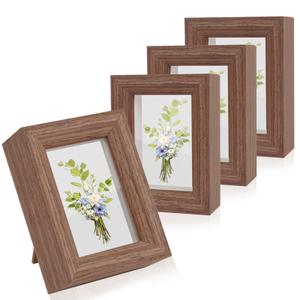 2x3 Mini Picture Frames Set of 2, Wallet Size Picture Frames Small Wooden Shadow Box Frame with Real Glass Cover for Farmhouse Tabletop Display, Rustic Brown
