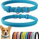 CollarDirect Rolled Leather Dog Collar, Soft Padded Round Puppy Collar, Handmade Genuine Leather Collar Dog Small Large Cat Collars 13 Colors (11-14 Inch, Light Blue)