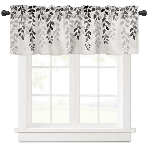 Anzona Curtain Valance 42" x 12", Grey Ombre Botanical Window Valances Rod Pocket Curtains Drapes, Watercolor Gray Pastoral Leaf Rustic Short Topper Curtain for Kitchen Cafe Living Room, 1 Panel