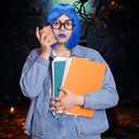 Halloween Cosplay Costume Include Blue Bob Wig Black Glasses Blue Face Paint and Ball Short Bob Wig for Women Royal Hair with Bangs Cosplay for Halloween Costume