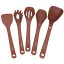 NutriChef Silicone Kitchen Utensils Set - 8-pc Utensil Set with Spatula, Pasta Fork, Solid Spoon, Slotted Spoon & Tool Stand, Heat-Resistant, Food-Grade Safe, Easy-to-Clean, Stackable Design (Brown)
