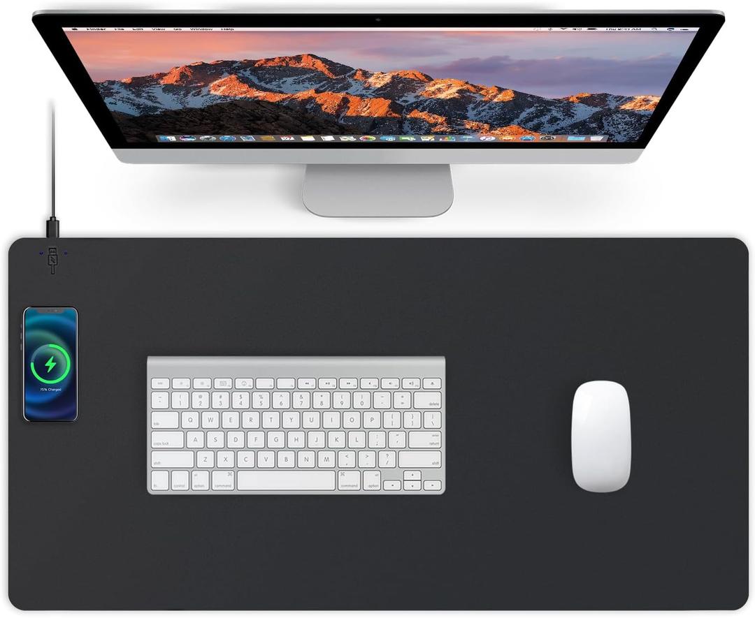 Mouse Pad with Wireless Charging, PU Leather Fast Charging Gaming Mouse Pad, Waterproof Anti-Slip Surface, Easy Clean Office Table Mat, 32L x 16W x 0.15H inches, Black(Left Side Charging Port)