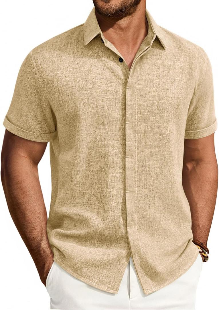 Alimens & Gentle Mens Linen Shirt Short Sleeve Button Down Shirt Casual Summer Beach Vacation Wedding Linen Texture Shirts