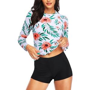 Daci Women Two Piece Rash Guard Long Sleeve Swimsuits UV UPF 50+ Swim Shirt Bathing Suit with Boyshort Bottom, Size XXL