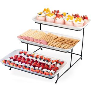 DELLING 3 Tier Serving Tray Set 16 Inch, Large Porcelain Tiered Platters with Collapsible Stand - Serving Dishes for Entertaining Dessert Table Party, Easy Assembly, White