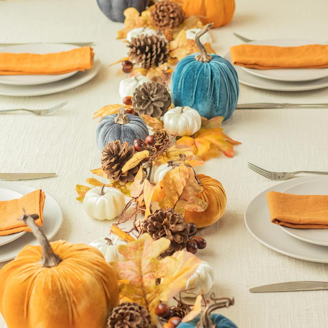 KI Store Velvet Pumpkin Garland Table Centerpieces 6ft Fall Garland and 19pcs Assortied Velvet Pumpkins Tablescape for Fall Thanksgiving Decoration