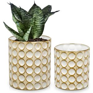 DILATATA 6 Inch+5 Inch Rustic Metal Vase Flower Pot with Dot Texture Vintage Gold and White Metal Planter Multi-Use Container for Flower Planter Succulent Plant Container-Set of 2