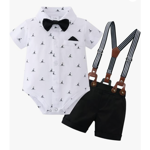 YUEMION Infant Baby Boy Clothes Gentleman Outfits Suits Summer Short Sleeve Bowtie Bodysuit Shirts + Suspender Shorts(0-24M) (12-18 Months)
