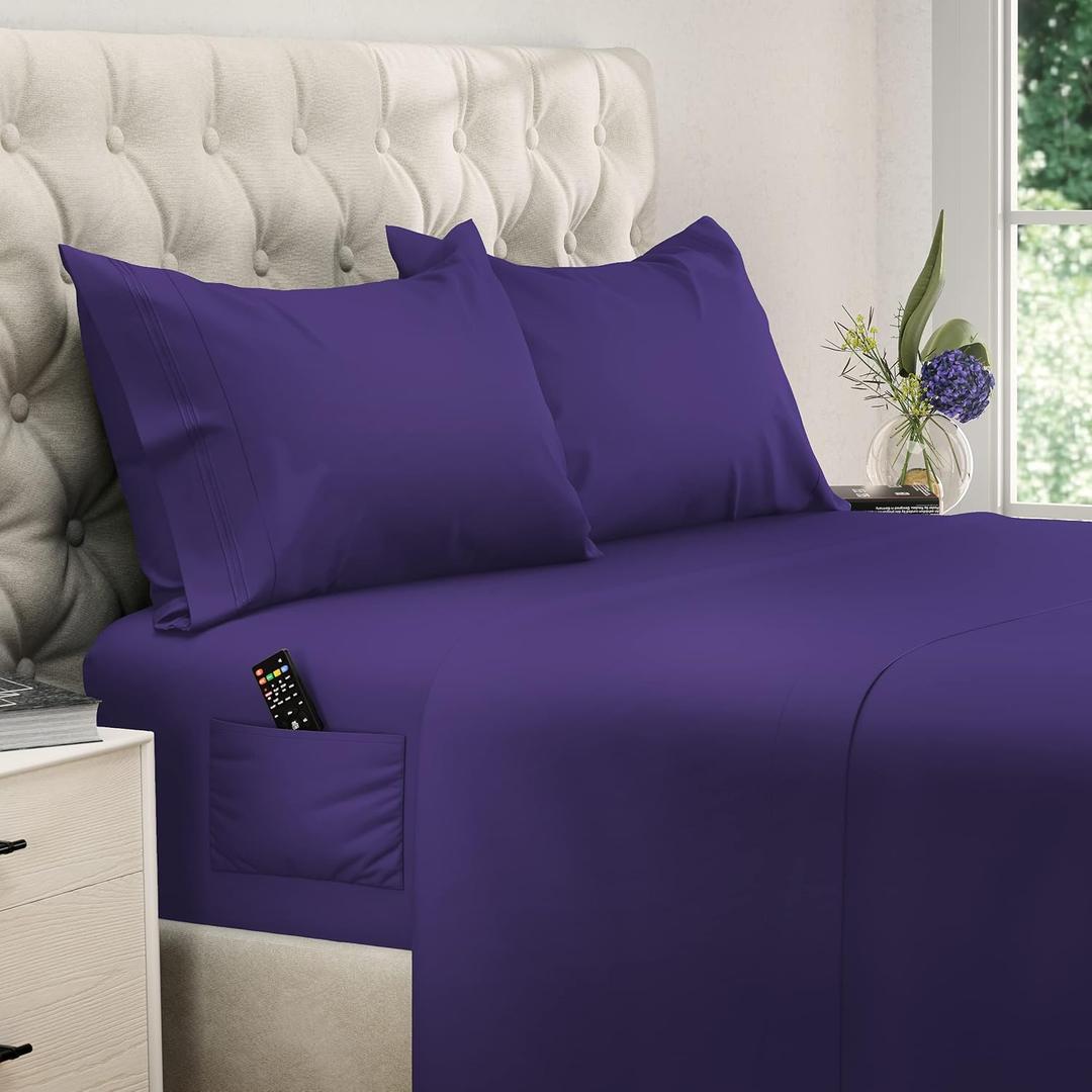 DREAMCARE King Size Sheets Set 4 pcs Cooling Sheets up to 21 Deep Pocket King Sheet Set Hotel Luxury Sheets & Pillowcases Superior Softness 100% Fine Microfiber with Side Pocket Purple