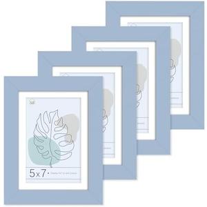 Muzilife 5x7 Wood Picture Frame Flat with Real Glass Cover, Blue Photo Frame Display Pictures 4x6 with Mat or 5x7 Without Mat, Vertical & Horizontal on Wall or Tabletop, Set of 4