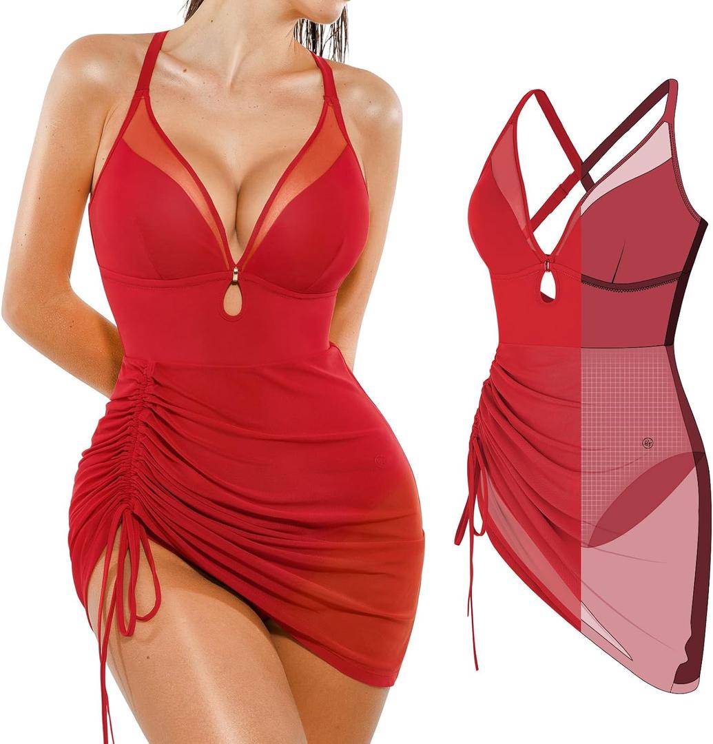 Popilush Swim Dress for Women One Piece Swimsuits Tummy Control Slimming Mesh Sheer Sarong Wraps Bathing Suits, M