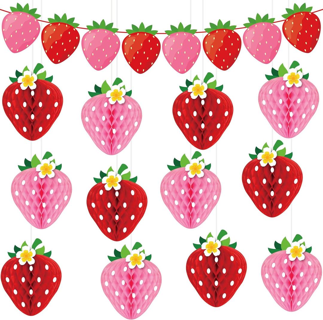 13PCS Strawberry Party Decorations Honeycomb Balls Banner Berry First Birthday Hanging Decor Table Centerpieces