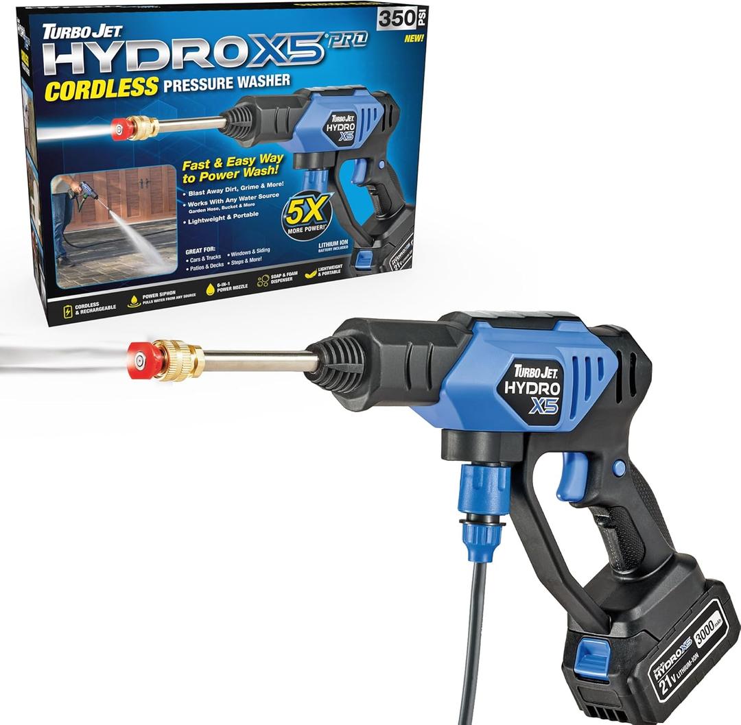 Ontel Turbo Jet HydroX5 Pro Portable Cordless Pressure Washer (21V 3000mAh Battery), 6-in-1 Nozzle, Dual Water Source, 16ft Detachable Hose