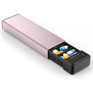 HEIYING Pill Organizer with Aluminum Shell for One Week Capacity, Portable 7 Compartments Pill Box Container to Hold Vitamin, Medicine, Supplements, Pink