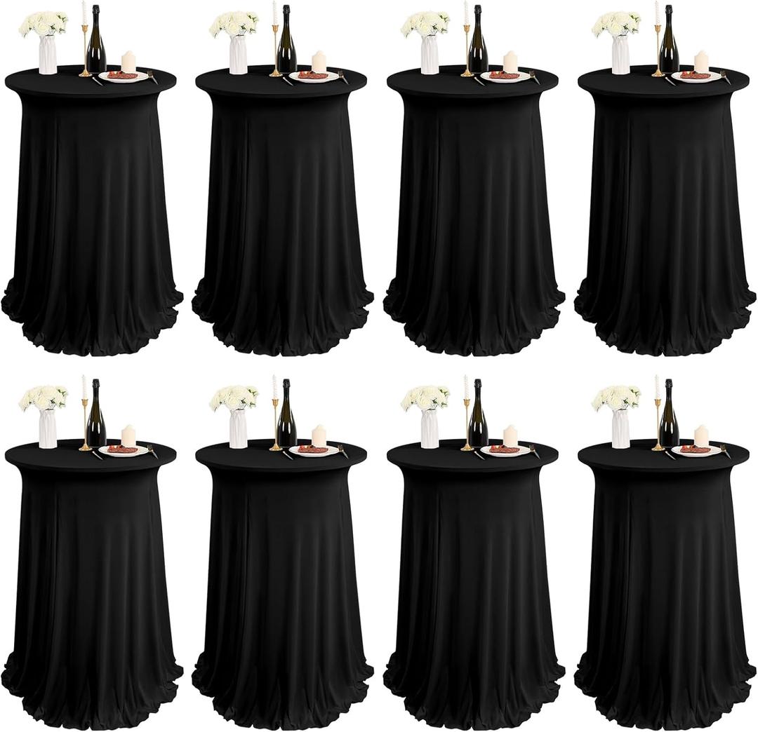 8 Packs Round Cocktail Table Skirt 32"x 43" Spandex Stretch Cocktail Tablecloth with Wavy Drapes, Black Spandex Fitted High Top Table Covers for Wedding Bar Party Birthday Banquet Table