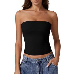 QINSEN Tube Tops for Women Summer Going Out Strapless Tank Tops Double Lined Basic Bandeau Tops Army Black, XL
