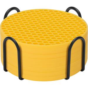 Silicone Coasters Set of 8 with Holder, Drinks Coasters, Beer & Coffee, Suitable for All Cups, Hot or Cold, Anti-Slip, Non-Stick, Anti-Overflow Tabletop Protection and Decor (8 Pcs, Yellow)
