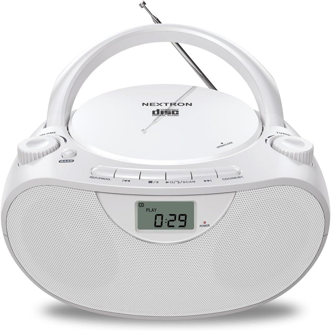Nextron Portable CD Player Bluetooth Boombox with AM/FM Radio, USB, AUX-in, Headphone Jack, CD-R/RW & MP3-CD Compatible, Stereo Sound with Bass Boost, AC/Battery Operated White
