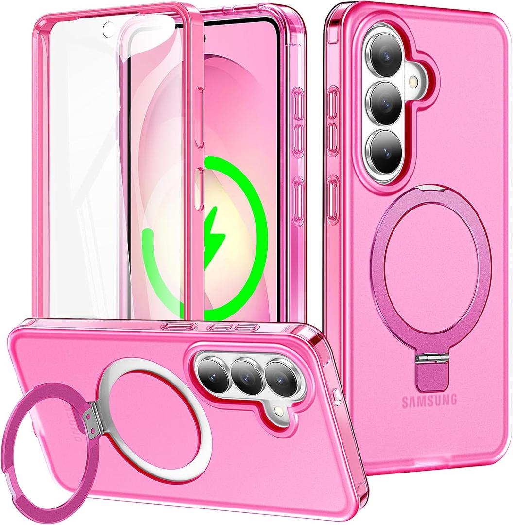 for Samsung Galaxy S26 Case with Magnetic Invisible Stand[Compatible with MagSafe] with Screen Protector Dual Layer Full Body Military Shockproof Translucent Phone Cover-Hot Pink