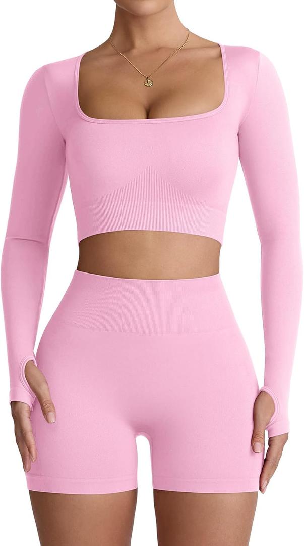 Niipty Two Piece Workout Set for Women Long Sleeve Top Matching High Waist Scrunch Butt Shorts Gym Sets Yoga Outfits Sets - Pink S